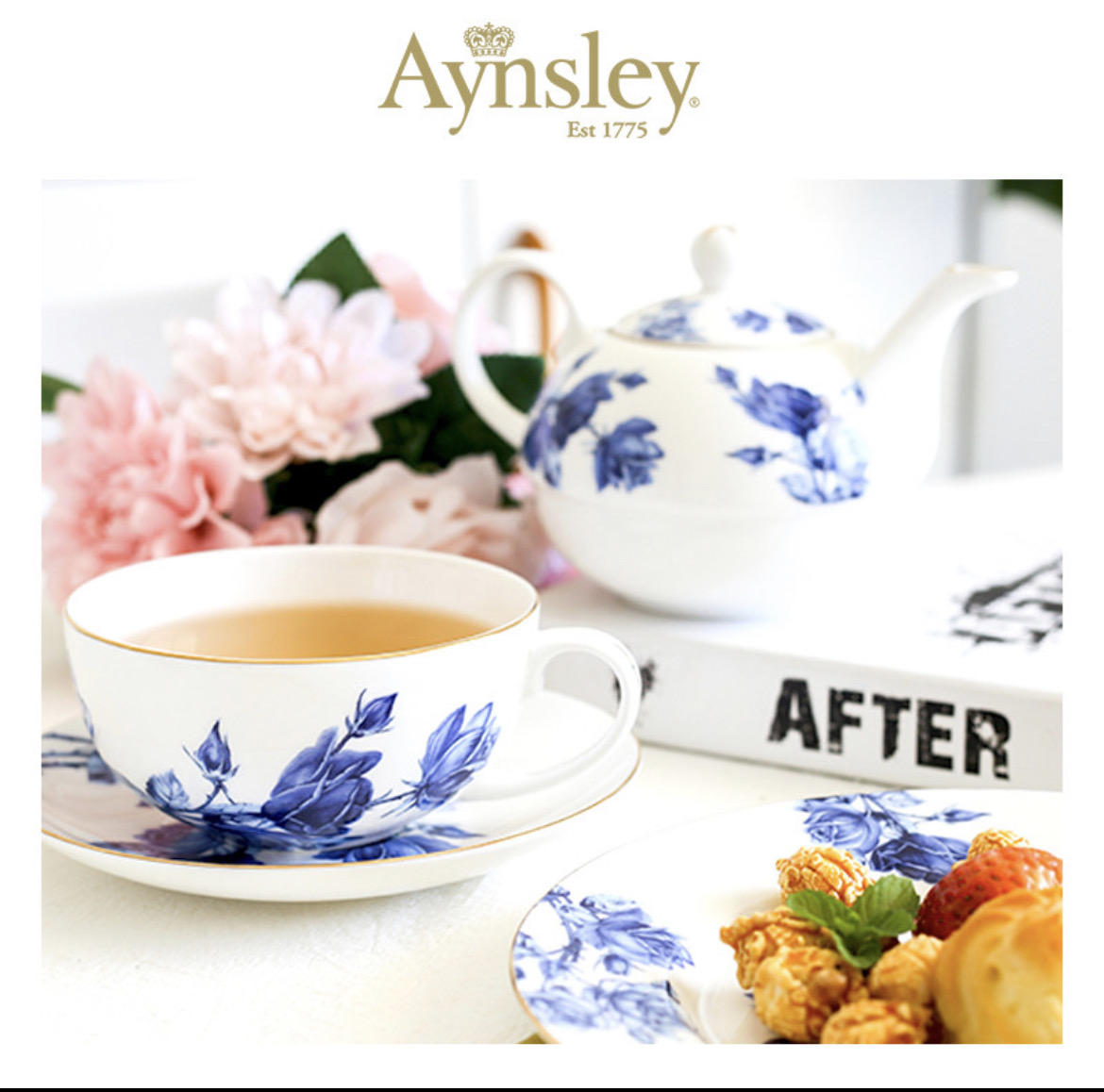 英國Aynsley 藍玫瑰系列 骨瓷獨享杯壺盤組