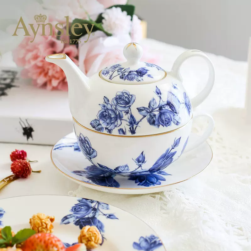 英國Aynsley 藍玫瑰系列 骨瓷獨享杯壺盤組